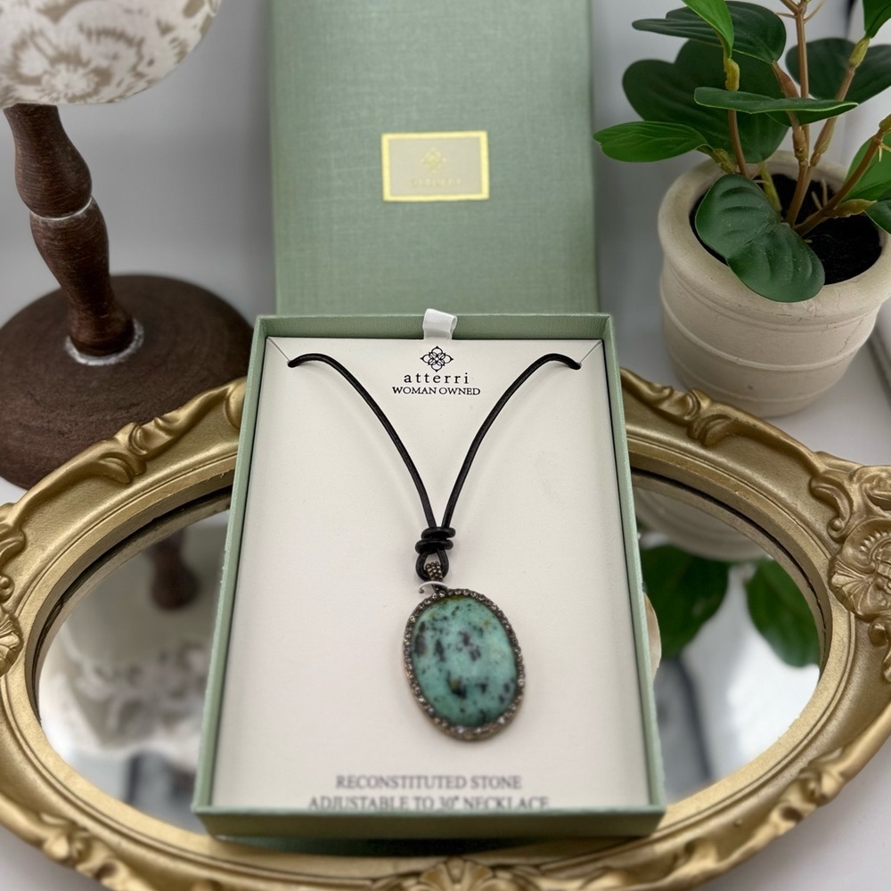 Atterri Adjustable Black Cord Necklace With Oval Reconstituted Stone Pendant 58$